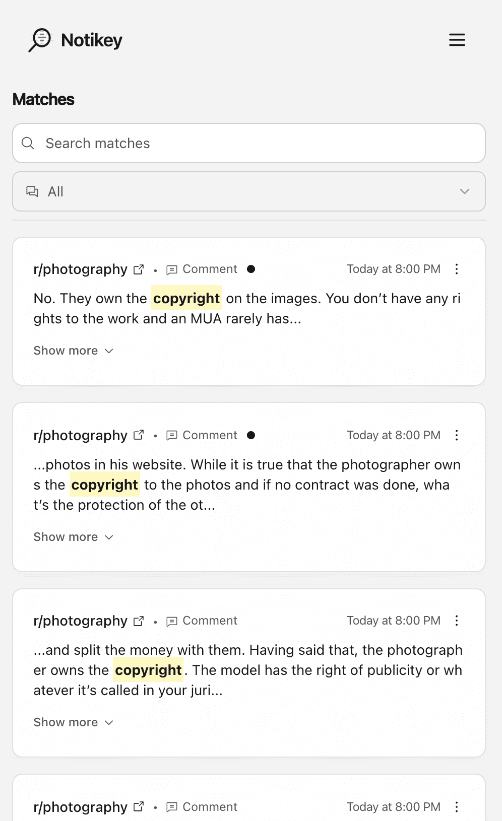 Notikey keyword match notifications